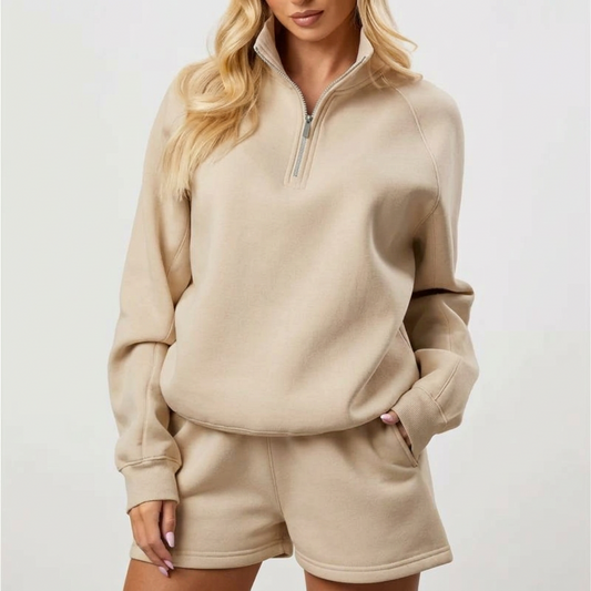 Women’s Quarter Zip Sweatshirt – Oversized Fleece Pullover - BEIGE