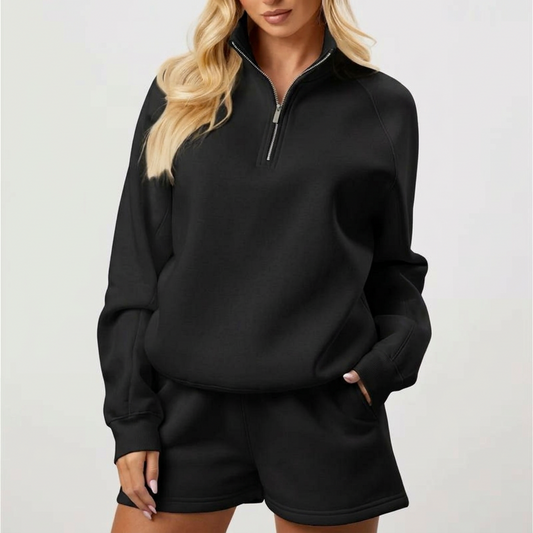 Women’s Quarter Zip Sweatshirt – Oversized Fleece Pullover - BLACK