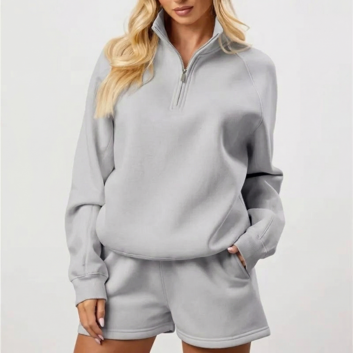 Women’s Quarter Zip Sweatshirt – Oversized Fleece Pullover - LIGHT GRAY