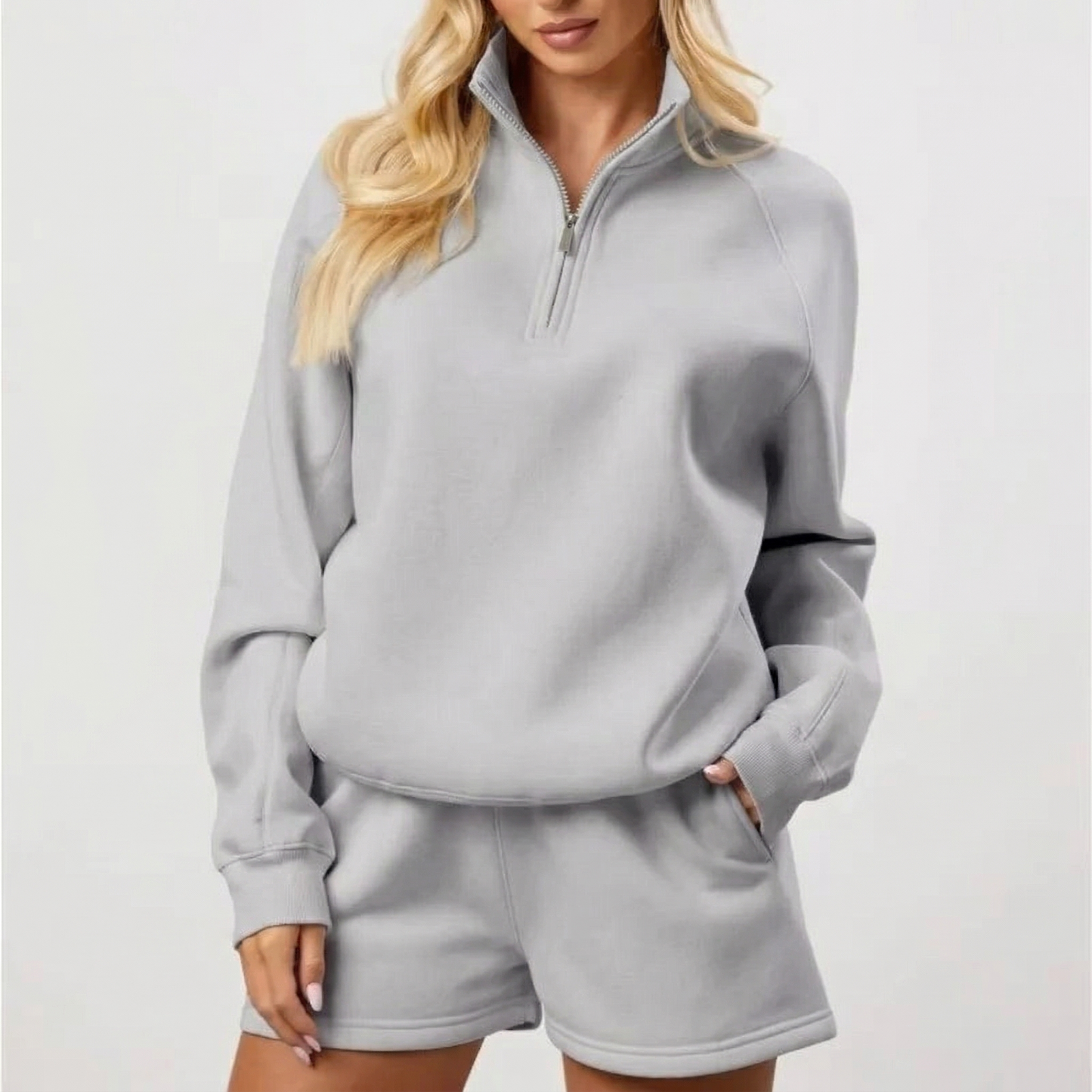 Women’s Quarter Zip Sweatshirt – Oversized Fleece Pullover - LIGHT GRAY