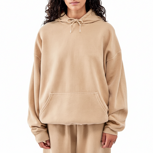 Women’s Oversized Acid Wash Hoodie – Vintage Drop Shoulder - BEIGE